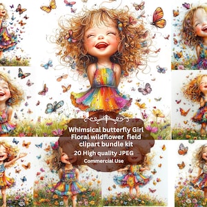 Grillig schattig eigenzinnig klein meisje met vlinder clipart, eigenzinnig meisje, babymeisje, afdrukbare aquarel, hoogwaardige JPG's, Paper Craft
