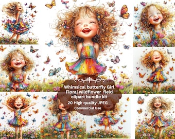 Whimsical cute Quirky Little Girl with Butterfly Clipart, Quirky Girl, Baby Girl, Printable Watercolor, High-Quality JPGs, Paper Craft