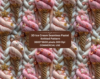 3D Pink Pastel Ice Cream knitted Seamless Pattern Repeating File for Fabric Sublimation Instant Download Digital Paper Surface Design Summer
