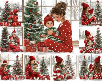 Christmas Mother and child celebration, Mom Clipart, Daughter clipart JPEG, Son clipart, Christmas clipart, Xmas clipart, Sweater, Mother