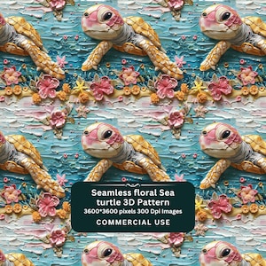 May include: Seamless pattern featuring a 3D illustration of a pink and yellow sea turtle swimming in a blue and white ocean with pink and yellow flowers. The pattern is 3600 x 3600 pixels and 300 DPI.  This image is for commercial use.