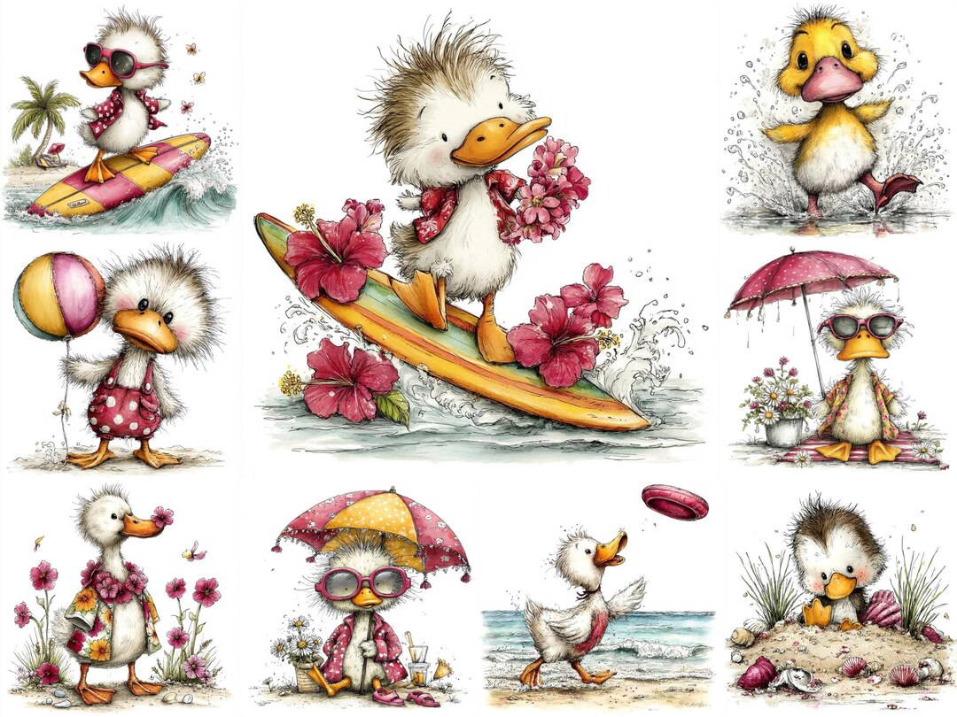Cute Duck Clipart JPEG – Summer Duckling Illustration – Beach Duck With ...