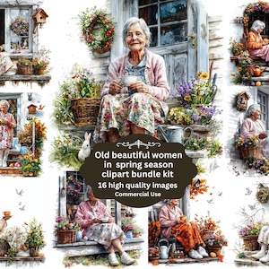 Señora mayor sentada en el balcón con té temporada de primavera 16 JPG Clipart, Papeles de diario vintage, Diario basura de señora mayor, Diario basura Digi