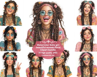 Bohemian Girl cute expression Watercolor Clipart Bundle, Transparent PNG, Digital Download, Card Making Woman, Fashion clipart Illustration