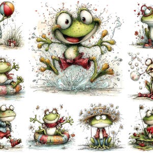 May include: A collection of whimsical frog illustrations. The frogs are depicted in various playful scenarios, including playing with a beach ball, wearing glasses, and relaxing on a float. The artwork features vibrant colors and a cartoonish style, perfect for children's decor.
