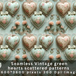 May include: Seamless vintage green heart pattern with floral details. The pattern is perfect for crafting projects, scrapbooking, and digital design.