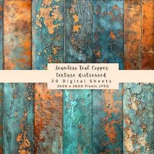 Peut inclure: 20 feuilles de papier numérique sans couture avec une texture vieillie turquoise et cuivre. Chaque feuille mesure 3600 x 3600 pixels.