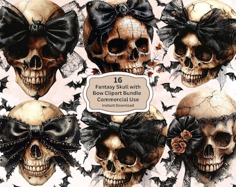 Fantasy  Skull with Bow Clipart Bundle Skull Gothic Skull Instant Download Paper Crafts Commercial Use Scrapbooking art kit