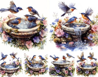 watercolor floral Garden Bird Bath Clipart Bundle Spring Birds Clipart Spring Flowers Instant Download Paper Crafts Junk Journal Scrapbook