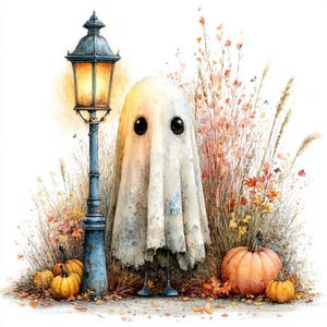 Bundel met 32 schattige spookjes-clipart, speelse herfstcollectie, pompoen-bloemen-aquarelillustraties, gezellige herfst- en Halloween-JPEG-download afbeelding 4