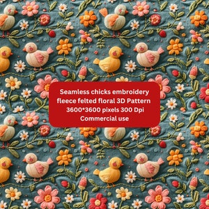 Puede incluir: Un patrón sin costuras con pollitos y flores bordadas sobre un fondo de fieltro azul. El patrón es de 3600 x 3600 píxeles y 300 DPI. Es para uso comercial.