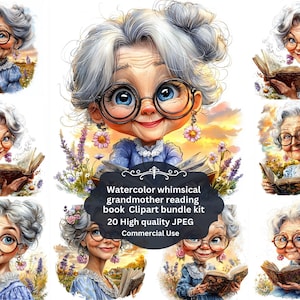 JPEG whimsical Elegant Old Lady reading Book Clipart, Modern Grandma Clipart, Old Woman smiling Clipart, Watercolor Clipart, Junk Journal