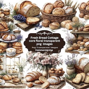 Op de afbeelding: Waterverfillustratie van diverse broden, waaronder broden en plakken, gerangschikt op houten planken en in manden. De afbeelding heeft een rustieke, cottage-stijl esthetiek met bloemaccenten en een donkerbruine banner met de tekst "Fresh Bread Cottage core floral transparent png Images Png Transparent images Commercial Use."