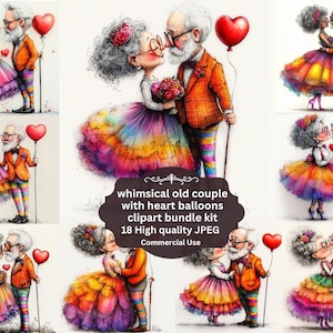 Niedliches schrulliges altes Paar Clipart, kommerzielle Nutzung, wunderliche Ephemera, Aquarell JPGs, schrulliger Kuss Clipart, sofortiger Download, Handwerk