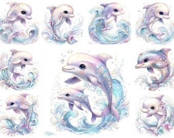 Niedliches Delfin Clipart JPEG Bundle – Kawaii Baby Delfine – Pastell Ozean Tiere – Kinderzimmer Meereswelt Illustration