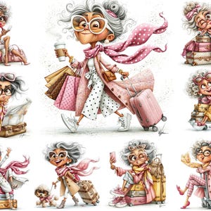 Peut inclure: Une collection d'illustrations représentant un personnage aux cheveux gris avec des lunettes dans divers scénarios de voyage, portant des tenues roses et blanches, transportant des sacs de shopping et interagissant avec des valises et un petit chien.