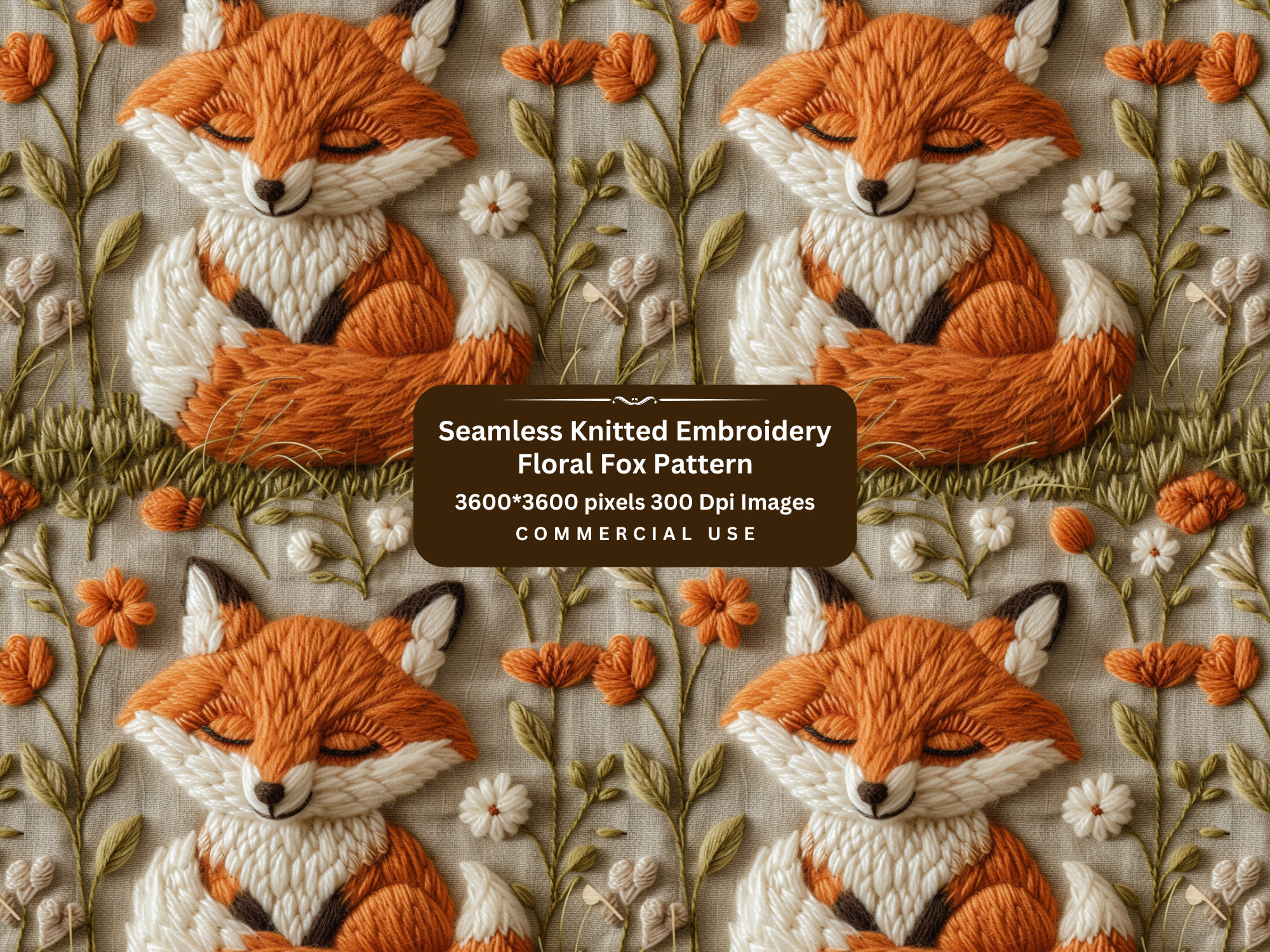 Embroidered Fox Floral Pattern Digital Paper Cute Fox Pattern Seamless ...
