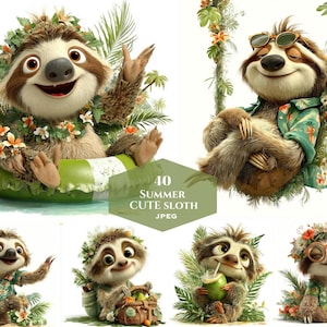 Puede incluir: Una colección de perezosos de dibujos animados disfrutando del verano. Un perezoso está en un flotador de piscina, otro en un columpio y otros con accesorios tropicales. La imagen incluye el texto "40 SUMMER CUTE SLOTH JPEG".