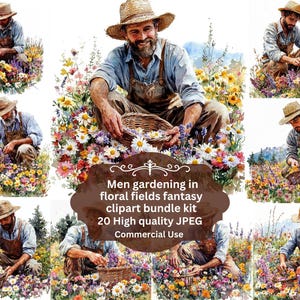 Imágenes prediseñadas de acuarela de hombres cultivando un huerto de flores, imágenes prediseñadas de jardinería, imágenes PNG individuales sobre fondo transparente, sublimación