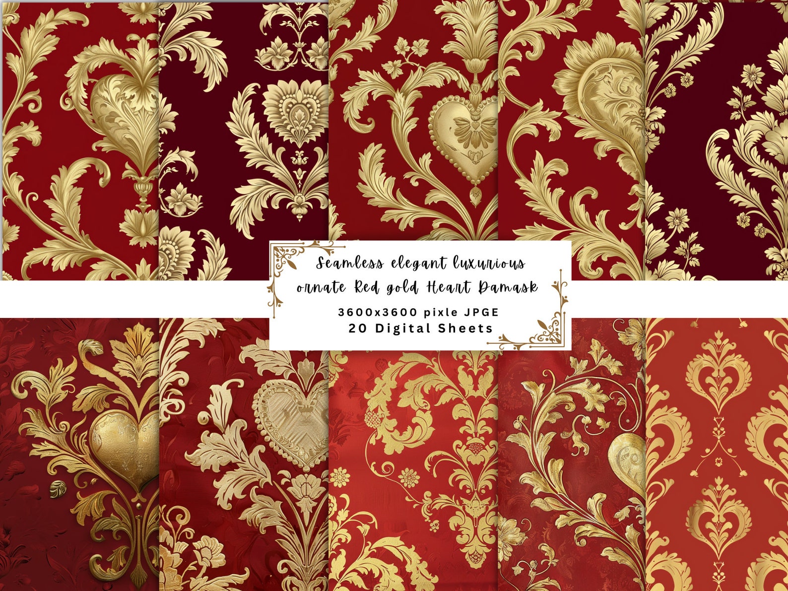 Seamless Rococo Gold & Red Heart Motifs Damask Pattern, Shiny Metallic ...