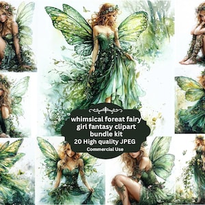 Waldfee Clipart, grüner Schmetterling Feen, Waldfee, druckbares Aquarell, hochwertige JPGs, Papiermodell, Junk Journal, Digital Craft