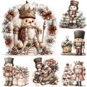 Peut inclure: Une collection de six illustrations représentant des casse-noisettes dans diverses scènes de fêtes, incluant un roi casse-noisette avec une couronne, un tambourineur, un soldat avec une lanterne, un soldat avec un cadeau et un traîneau.