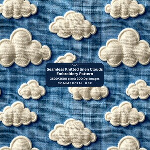 May include: A seamless pattern of white knitted linen clouds on a blue background. The clouds are embroidered and have a 3D effect. The pattern is 3600 x 3600 pixels and 300 DPI. It is for commercial use.