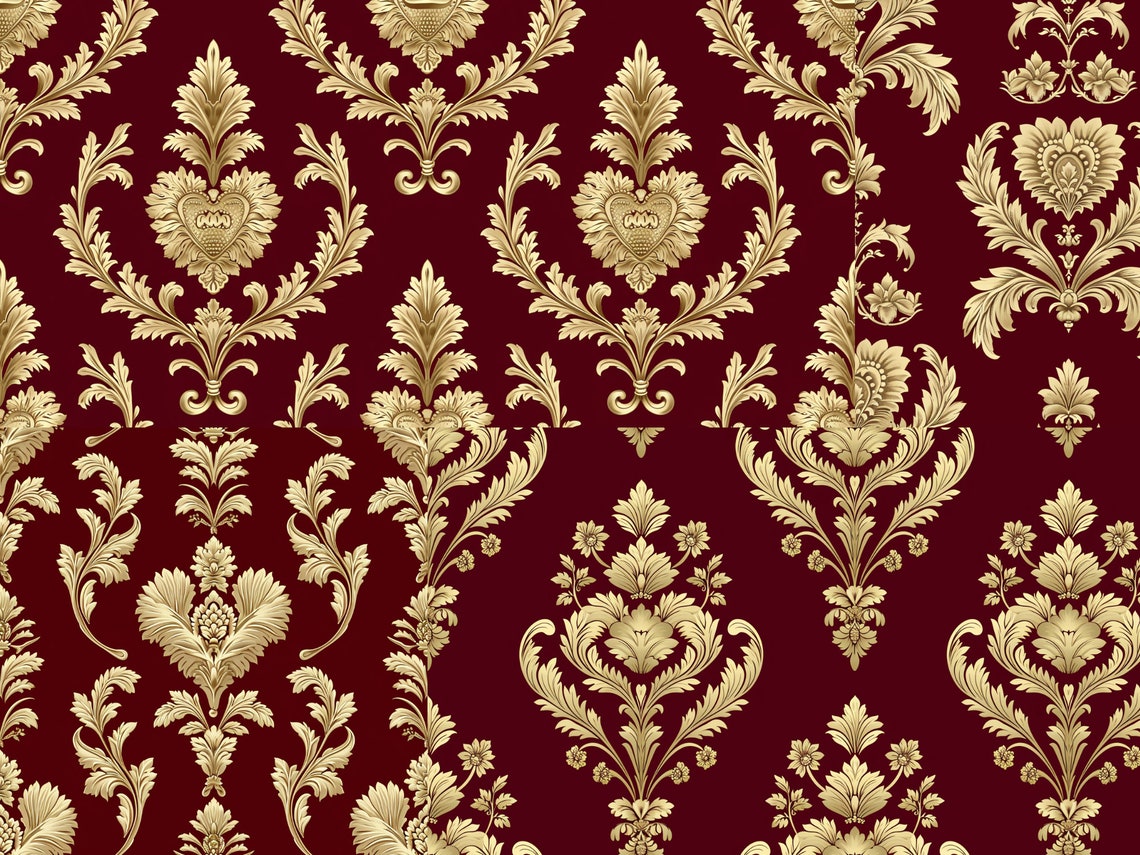 Seamless Rococo Gold & Red Heart Motifs Damask Pattern, Shiny Metallic ...
