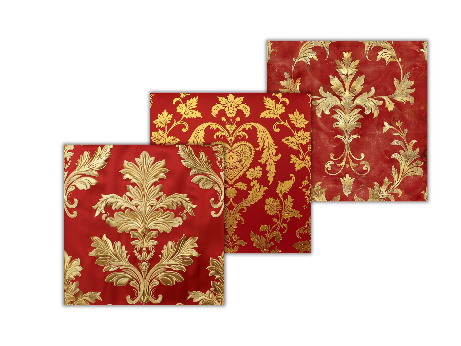Seamless Rococo Gold & Red Heart Motifs Damask Pattern, Shiny Metallic ...