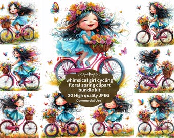 Cute Whimsical Girl cycling Clipart, Quirky Girl Clipart, Girl with Bicycle, Girl on Bicycle clipart, Bicycle Clipart, High Quality JPG
