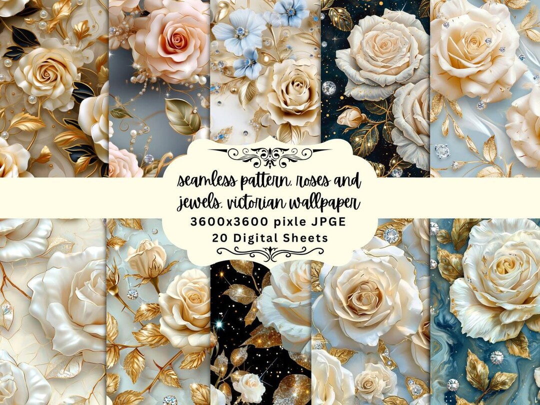 Seamless Sparkly Roses , Shiny Metallic Gold Roses, Rose Digital Paper ...