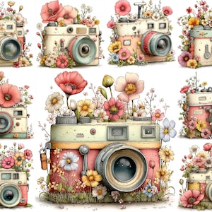 Op de afbeelding: Een verzameling vintage camera's versierd met kleurrijke bloemen. De camera's hebben een retro-ontwerp met lenzen en wijzerplaten en zijn versierd met roze, rode, gele en witte bloemen, wat een grillige en artistieke esthetiek creëert.