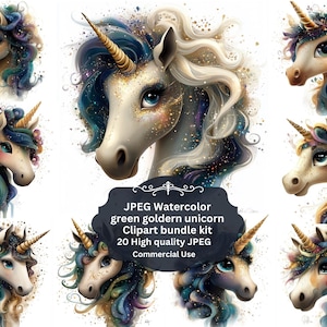 JPEG 妖精ユニコーン水彩クリップアート、かわいい緑のユニコーン、ユニコーン PNG、ベビーユニコーン、水彩かわいいかわいいユニコーンクリップアートキット