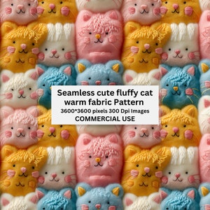 Op de afbeelding: Naadloze patroon met schattige, pluche katten in verschillende kleuren, waaronder roze, geel, wit en blauw. Het patroon is perfect voor stof, behang of andere creatieve projecten.  3600*3600 pixels 300 Dpi afbeeldingen COMMERCIËLE GEBRUIK
