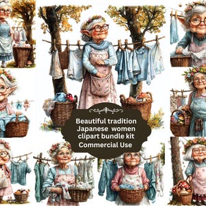 Abuela lavando ropa Clipart Abuela señora mayor Clipart lavando casa Shores Retro ama de casa 18 JPEG papel artesanal diario basura