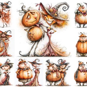 20 Halloween-pumpapar Clipart-paket, nyckfulla häxfigurer, söt höstromans, akvarell JPEG digital nedladdning