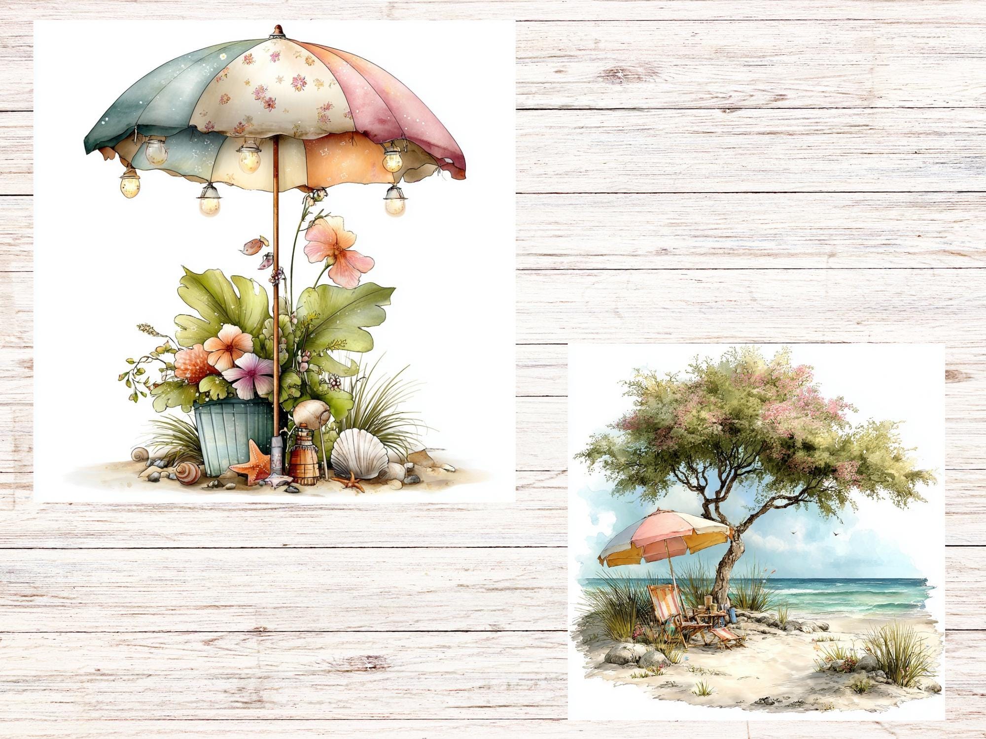 Watercolor Tropical Beach Clipart PNG | Coastal Lighthouse, Palm Trees ...