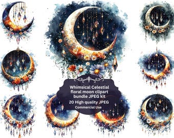 Crescent Moon floral Clipart, Boho floral Moon Crystal Clip Art Set, Printable Watercolor Celestial Clip Art, Paper Crafts, Digital Download