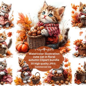 Puede incluir: Ilustración en acuarela de gatos lindos en escenarios otoñales. Cada gato se representa con una cesta de nueces, rodeado de hojas de otoño y una calabaza. Los gatos visten bufandas y suéteres en una paleta de colores cálidos.