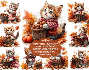 JPEG Cute Cat verzamelt noten herfst aquarel clipart, JPG met witte achtergrond, digitale download, commercieel gebruik, junk Journal