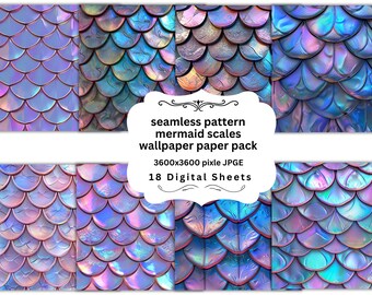 May include: 18 digital seamless patterns of iridescent mermaid scales in shades of blue, purple, and pink. Each pattern is 3600x3600 pixels and is perfect for crafting, scrapbooking, and digital design.