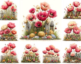 Watercolor Tulip Flowers Clipart | Rustic Floral Fence Garden PNG | Spring Cottagecore Tulips for Junk Journal & Scrapbooking