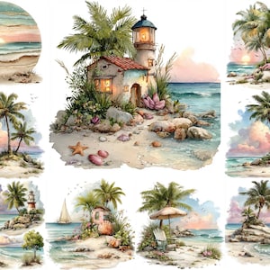 May include: Watercolour illustrations of tropical beach scenes. The images depict palm trees, sandy beaches, and ocean views. Some scenes include a lighthouse, a small house, and a sailboat. The colour palette features soft blues, pinks, and greens, evoking a sense of tranquility.