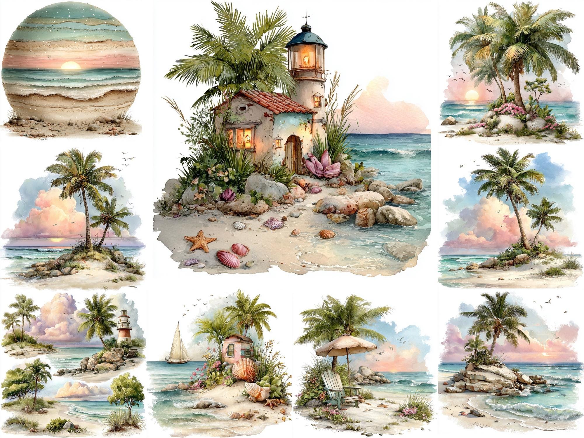 Watercolor Tropical Beach Clipart PNG | Coastal Lighthouse, Palm Trees ...