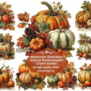 Op de afbeelding: Waterverfillustratie van herfstpompoenen, appels en bladeren. De afbeelding toont verschillende pompoenen in tinten oranje, groen en wit, samen met rode appels, dennenappels en herfstbladeren. De tekst luidt "Watercolor illustration autumn floral pumpkin Clipart bundle".