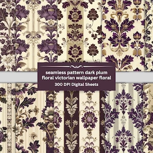 Victorian Plum Seamless Patterns, Purple Victorian Dollhouse Wallpaper Printable, Junk Journal Pages Vintage, Floral Stripe Craft Paper kit