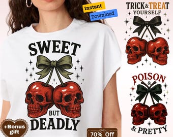 Sweet but deadly PNG, Gothic Cherry Skull Dark Aesthetic Cherry Skulls with Lace Bow, Spooky Cute Halloween Sublimation, Gothic Horror