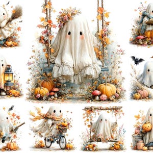 Op de afbeelding: Een verzameling illustraties met witte geesten in diverse herfsttaferelen, waaronder geesten op schommels, op een fiets, met lantaarns, lezend in boeken en met bezems, allemaal omringd door oranje pompoenen en herfstbladeren.