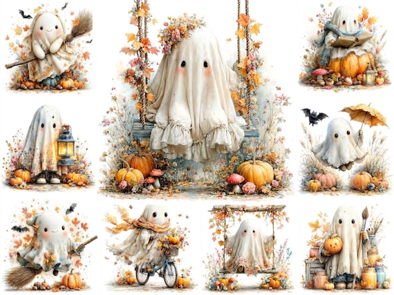 32 Cute Ghost Clipart Bundle, Whimsical Autumn Spirit Collection, Pumpkin Floral Watercolor Illustrations, Cozy Fall Halloween JPEG Download