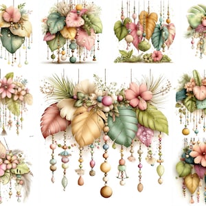 May include: Watercolor illustrations of hanging floral arrangements with leaves and beaded accents. The arrangements feature a variety of pastel colors, including pink, green, and yellow. Each arrangement is unique, with varying shapes and sizes.
